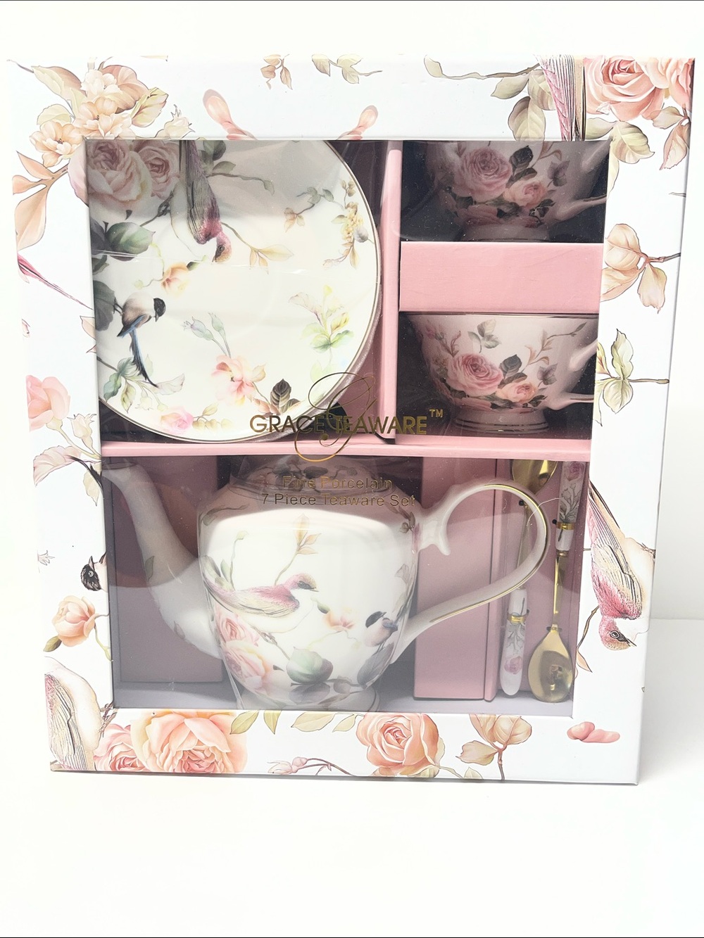 Grace Teaware Floral Porcelain Teapot Set in Pink